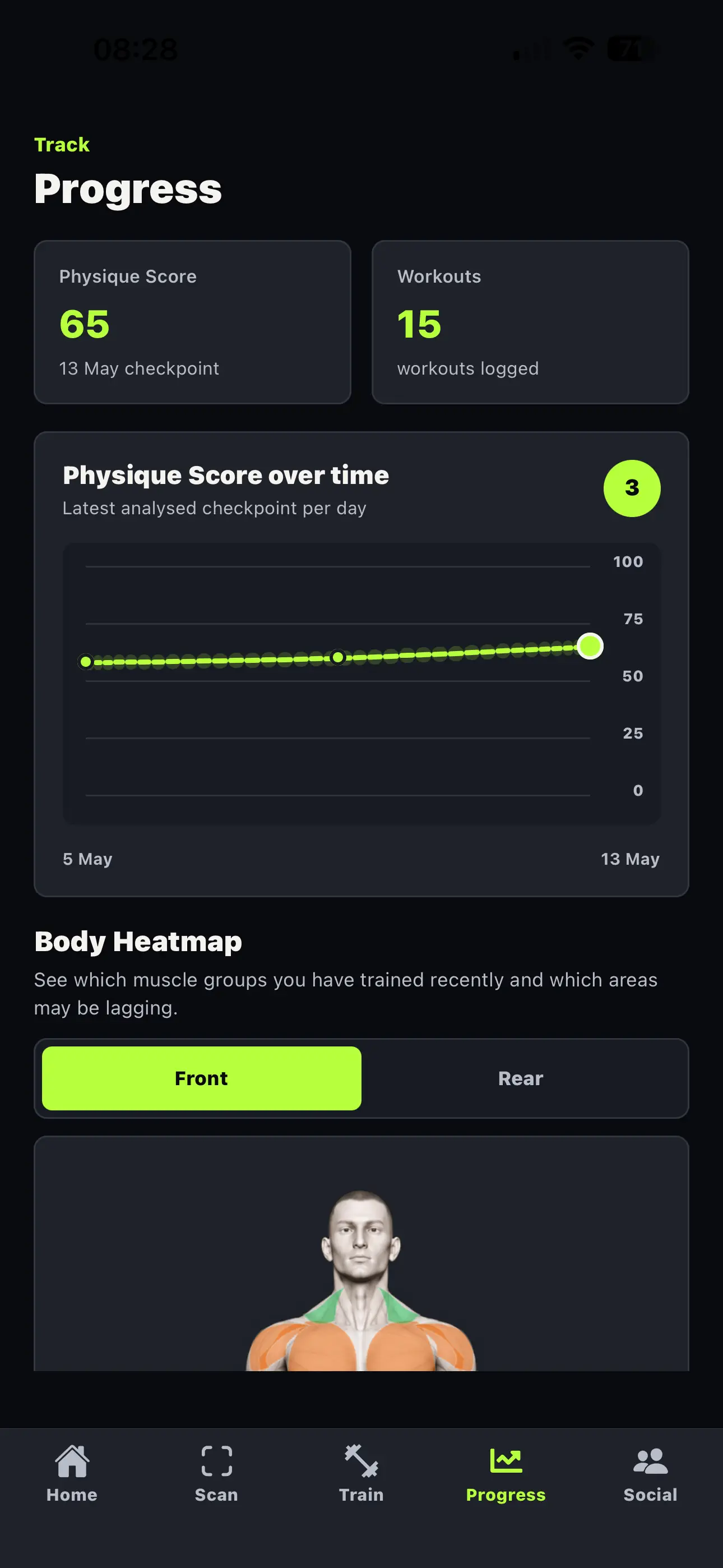 VECT8 app screen 9 - Track your physique score over time.webp